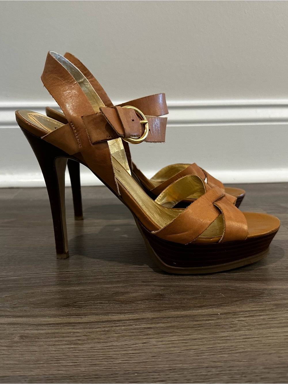 Guess Brown Leather Platform Stiletto Sandals with Buckle